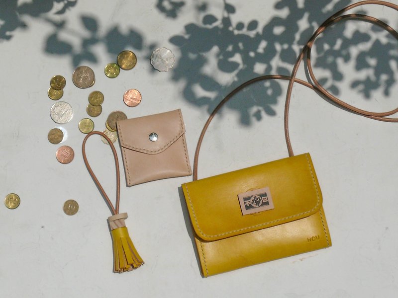 Non-impact bag lemon yellow three plus one vegetable tanned leather full leather multifunctional clutch wallet - กระเป๋าคลัทช์ - หนังแท้ สีเหลือง