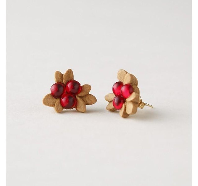 Hawthorn motif earrings / Hand carved wooden designed earrings - Earrings & Clip-ons - Wood Red