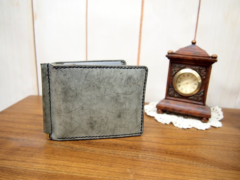 Hand-stitched leather money clip package ash cloud Silver color (Cloudy Grey) rub Wax - Wallets - Genuine Leather Gray