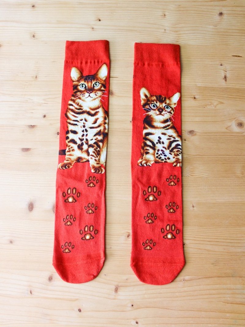 JHJ Design Canadian Brand High Color Knitted Cotton Socks Cat Series Bengal Leopard (Female) Cats Love Cats Cute - ถุงเท้า - วัสดุอื่นๆ สีแดง