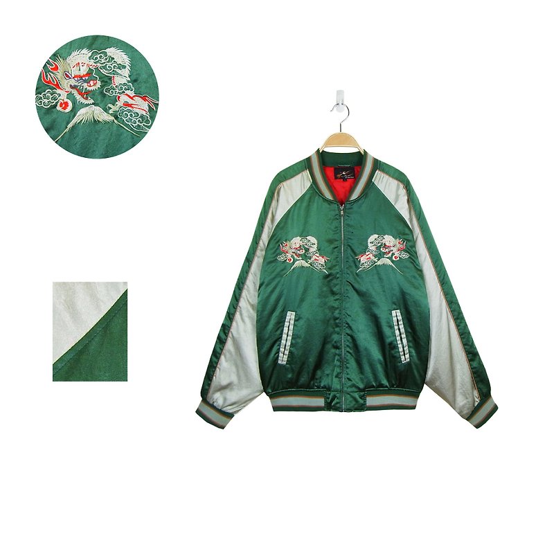 其他材質 男夾克/外套 - A‧PRANK :DOLLY :: 日本古着綠金色緞面橫須賀刺繡外套Souvenir Jacket(龍/日本地圖)