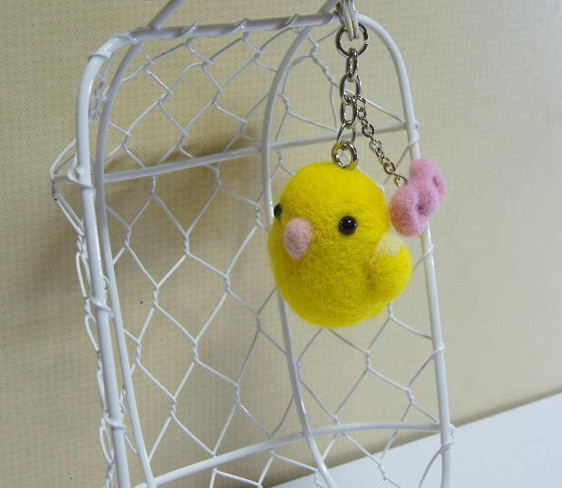 【羊樂多 X 羊毛氈】黃橫斑 鸚鵡 手機吊飾 耳機塞 - 鑰匙圈/鎖匙扣 - 羊毛 黃色
