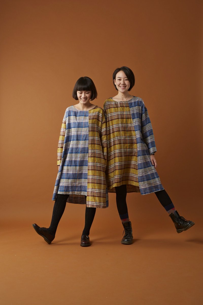 雙色格子拼接洋裝 - One Piece Dresses - Other Materials Multicolor