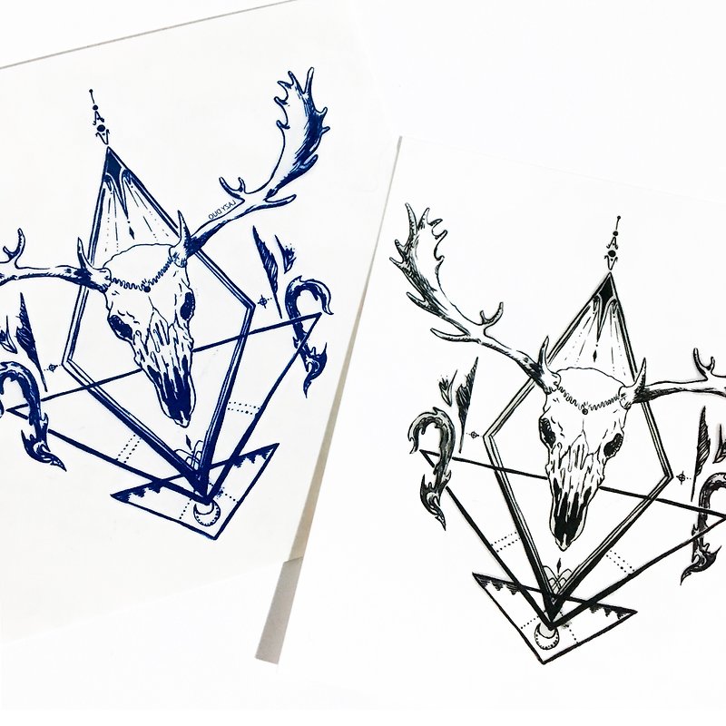 LAZY DUO Gothic Boho Geometry Deer Skull Temporary Tattoo Sticker Animal Alchemy - Temporary Tattoos - Paper Blue