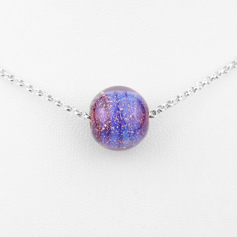 Mini Starry Night Ball Handmade Lampwork Glass Sterling Silver Necklace - Necklaces - Glass Purple