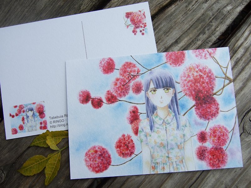 バラ色のトランペットの木の記憶-水彩画の女の子の肖像画イラストポストカード - カード・はがき - 紙 ピンク