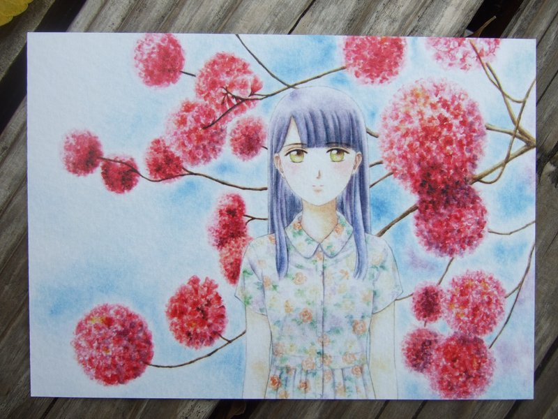 記憶中的洋紅 洋紅風鈴木 少女手繪水彩插畫人物畫明信片 禮物卡 - 卡片/明信片 - 紙 粉紅色