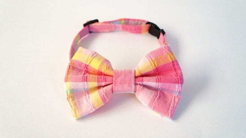 [Miya ko.] Handmade cloth grocery cats and dogs tie / tweeted / bow / cute plaid / colorful color / pet collars - ปลอกคอ - วัสดุอื่นๆ สึชมพู