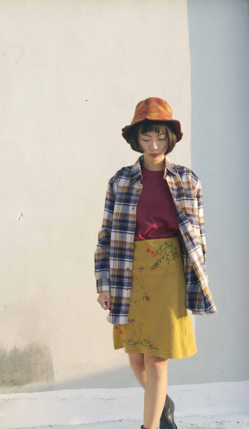 4.5studio- Japan Kanghui Geocaching old clothes, DC - retro yellow lines blue velvet shirt Plaid law - Women's Shirts - Other Materials Yellow