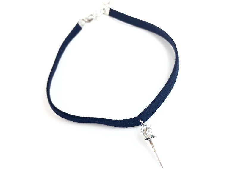 "Silver nails and diamonds-dark blue suede necklace" - Necklaces - Genuine Leather Blue