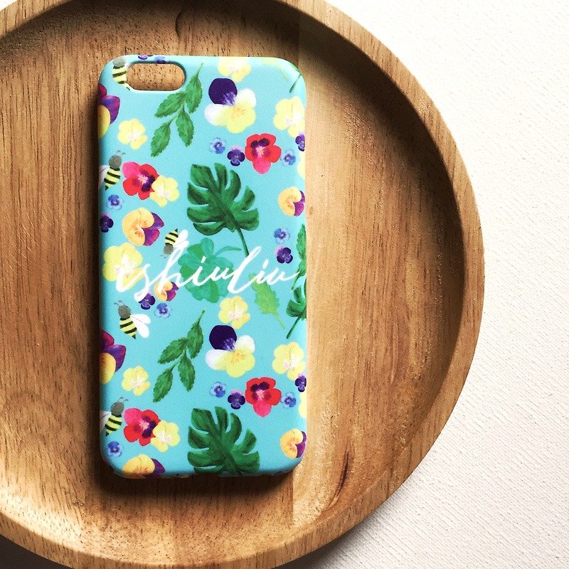 Monstera Leaves Floral Print iPhone 7 Case , Pansy Honey Bees illustration for iPhone 6 / 6s plus, Personalization Floral Case - Phone Cases - Plastic Blue