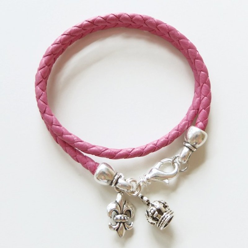 Royal coronation braided leather bracelet (Pink) - สร้อยข้อมือ - หนังแท้ สีแดง