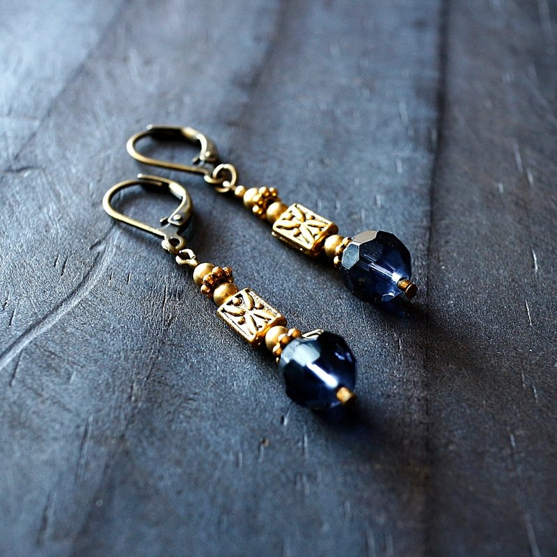 EF retro palace series NO.7 dark blue glass earrings carved brass Limited - Earrings & Clip-ons - Other Materials Blue