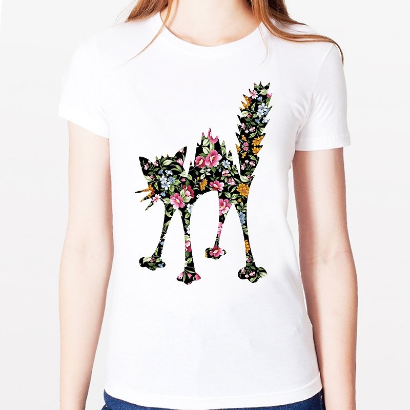 Cat-Flower Girls 半袖Tシャツ-白猫花柄アニマルデザインかわいい - Tシャツ - その他の素材 ホワイト