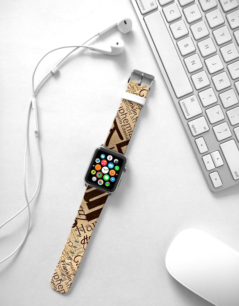 Apple Watch Series 1 , Series 2, Series 3 - Vintage words pattern Watch Strap Band for Apple Watch / Apple Watch Sport - 38 mm / 42 mm avilable - Watchbands - Genuine Leather 