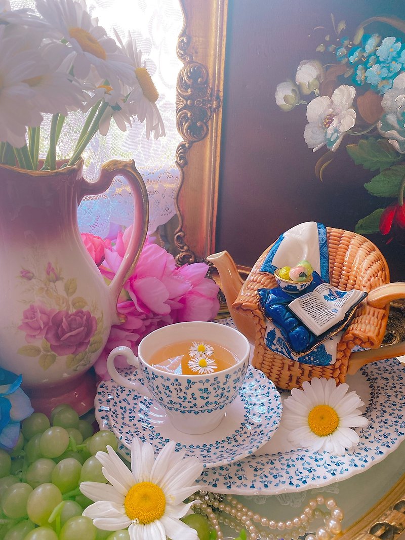英國骨瓷 1950年 手繪沽藍玫瑰花茶杯咖啡杯兩件組鄉村風庫存品 - 茶壺/茶杯/茶具 - 瓷 藍色
