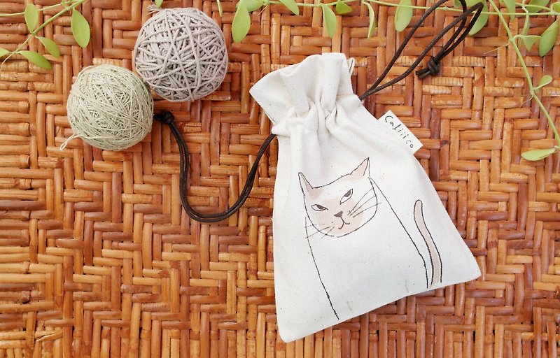 SMALL BAG WITH SIAM CAT - กระเป๋าหูรูด - ผ้าฝ้าย/ผ้าลินิน สีกากี