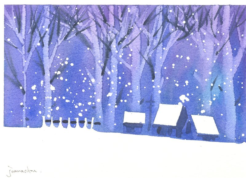 聖誕卡片「療癒系樹林系列1-96」水彩手繪限量版明信片/賀卡 - 心意卡/卡片 - 紙 藍色
