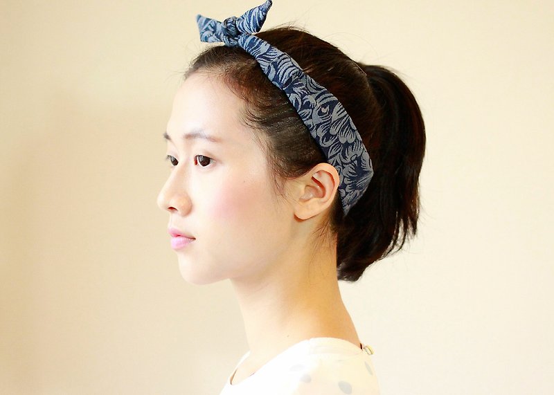 Denim elastic fabric headband--peony - Hair Accessories - Other Materials Blue