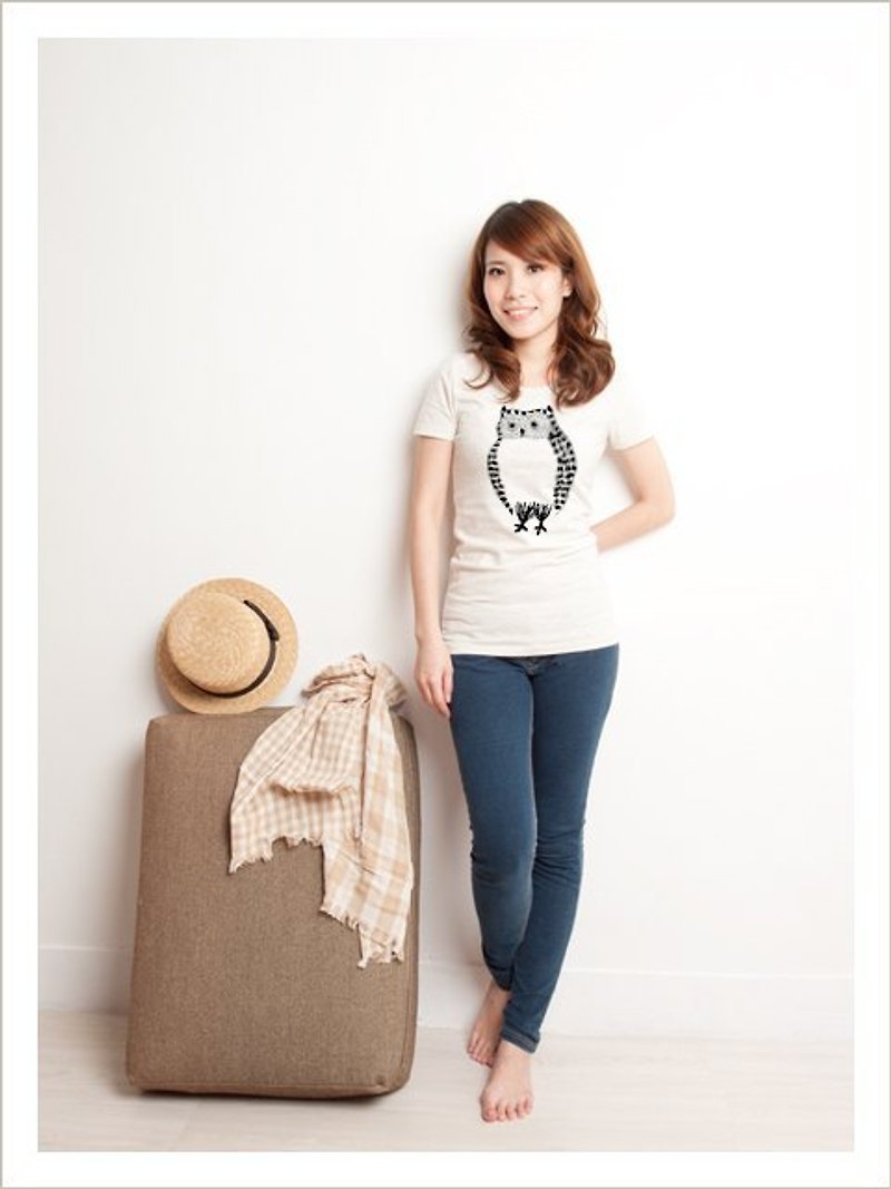 貓頭鷹 圓領蜜桃棉女T 麻灰 - Women's T-Shirts - Cotton & Hemp Gray