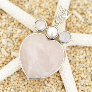 Heart of rose quartz and Rainbow Moonstone, pearl pendant
