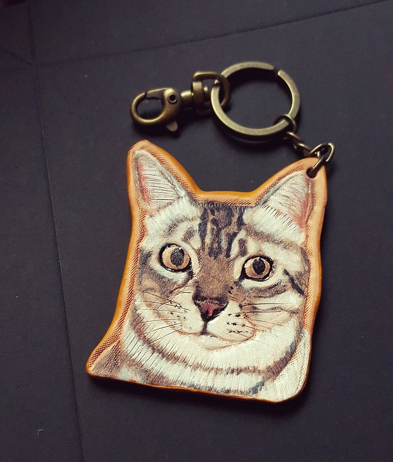 Exclusive custom pet bust cat pure leather key ring-(customized lover, birthday gift) - พวงกุญแจ - หนังแท้ สีทอง