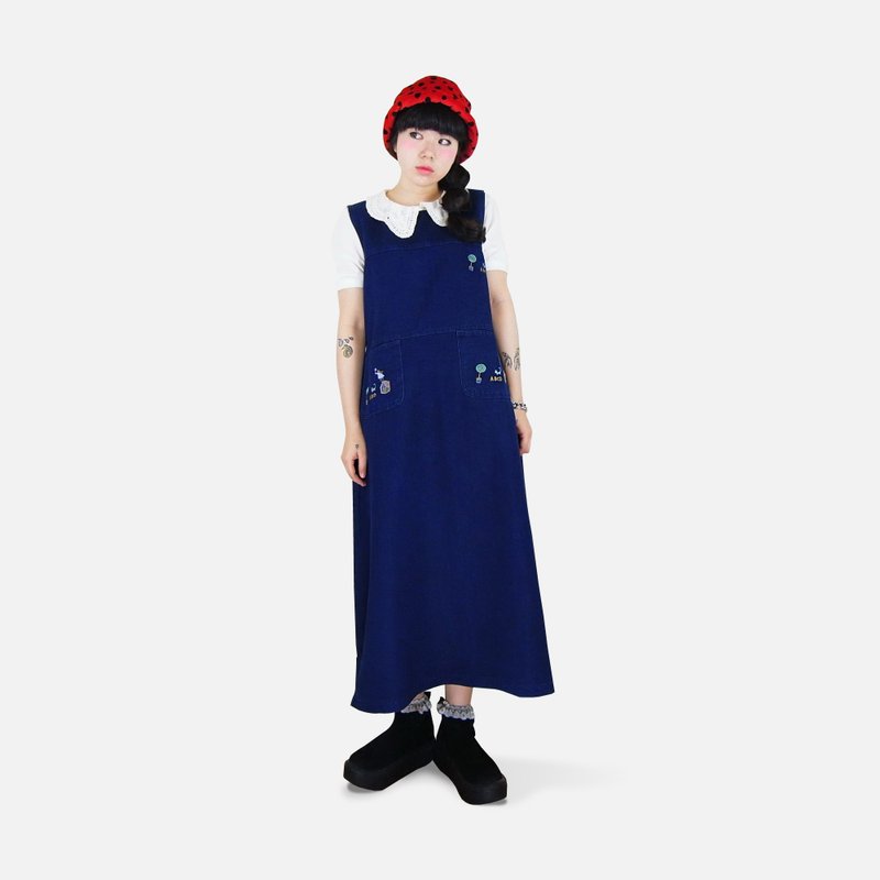 A‧PRANK :DOLLY :: 古著VINTAGE深藍刺繡圖案無袖背心洋裝(腰兩側附腰帶) - 洋裝/連身裙 - 其他材質 藍色