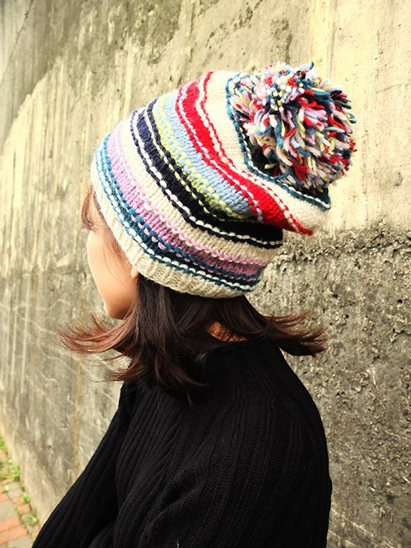 Handmade Hand Knit Wool Beanie Hat with Pompom Stripe White - หมวก - ขนแกะ สีน้ำเงิน