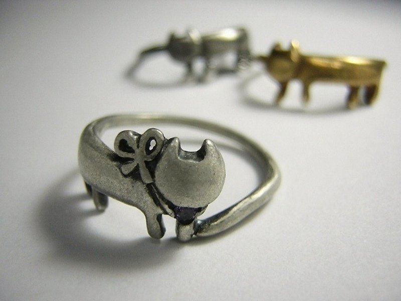 purr ( cat sterling silver amethyst ring 貓 猫 戒指 指环 指環 刻字 銀 ) - แหวนทั่วไป - เงินแท้ สีเงิน
