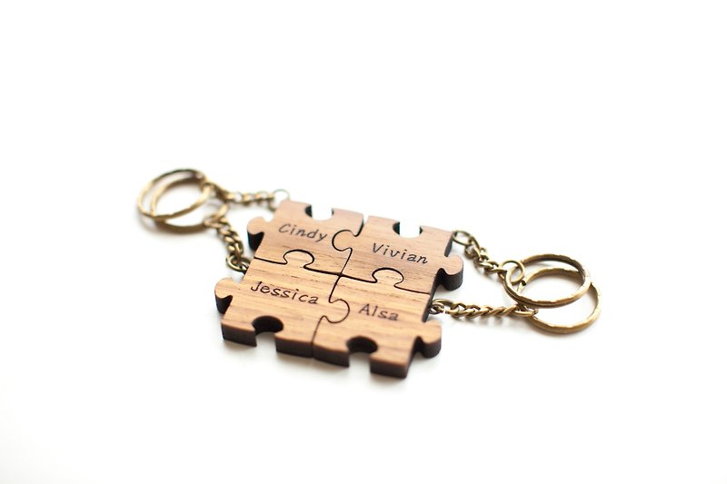 木頭 鑰匙圈/鎖匙扣 咖啡色 - 客製化家庭朋友經典款柚木原木拼圖鑰匙圈 - 4片組