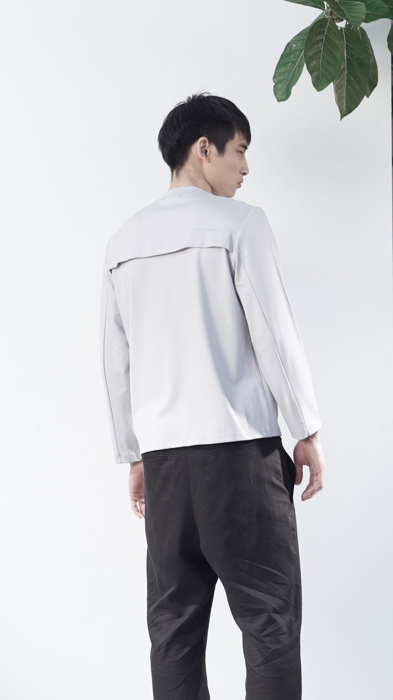 TRAN - two-level back long T - เสื้อฮู้ด - กระดาษ สีเทา