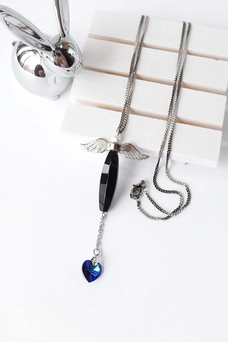 Angel Love Necklace, Black Onyx Gemstone and Angel Feather - Necklaces - Gemstone Black