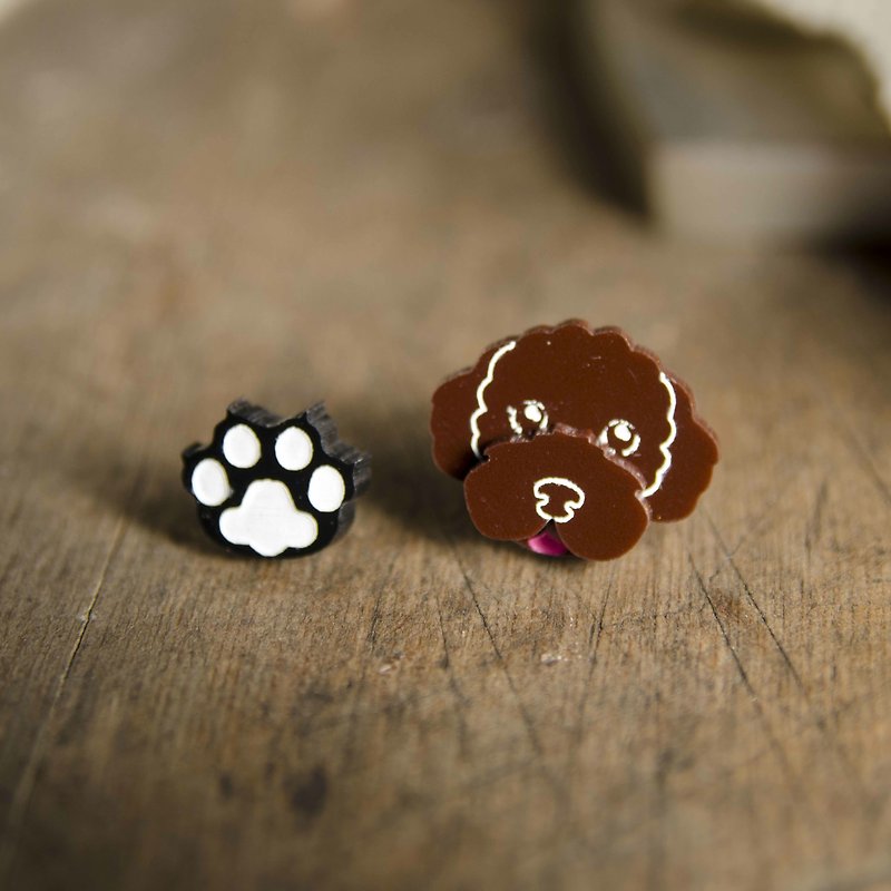 Red Poodle + Dog Footprint/Teddy Bear Poodle Dog/Anti-allergic Steel Needle/Clip Type - Earrings & Clip-ons - Acrylic Brown