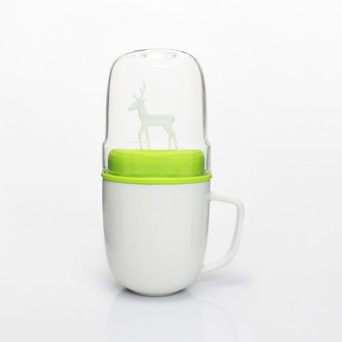 dipper dipper 1++麋鹿雙杯組-馬克杯+玻璃杯子(白色款/綠蓋)