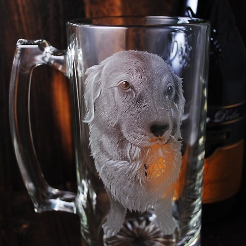 MSA玻璃雕刻 740cc【訂做寵物】(寫實版) 寵物狗狗啤酒杯雕刻黃金獵犬客製化