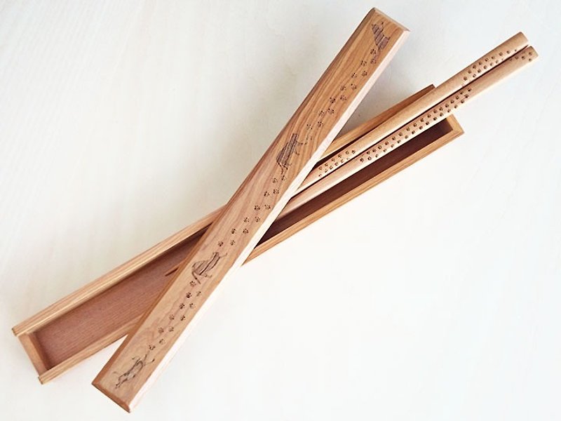 木頭 筷子/筷架 咖啡色 - 貓咪與肉球腳印 木筷 & 筷盒組 杉木