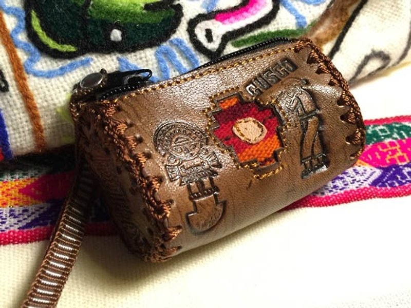 Peru-dimensional weaving stitching small leather purse - leather imprinted Totem (Inca Cross) - Coin Purses - Genuine Leather Gold