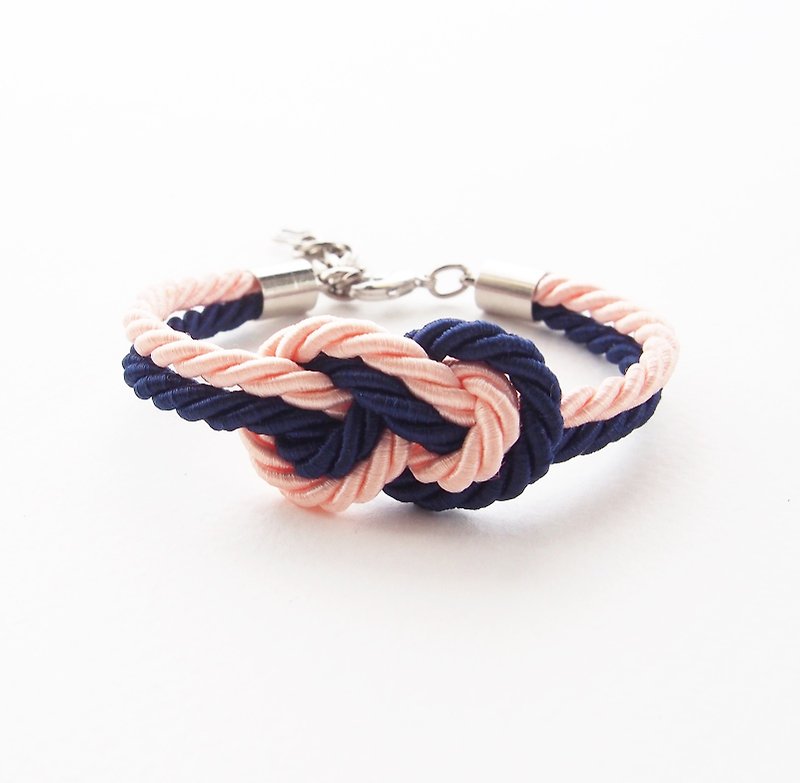 Navy blue and peach infinity knot rope bracelet. - 手鍊/手鐲 - 其他材質 藍色