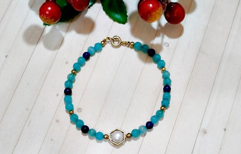 Natural stone bracelet _ x brass button can be changed elastic bracelet blue ocean // // - Bracelets - Gemstone Blue