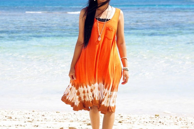 Tie Dye flare tank top dress <Orange Brown> - One Piece Dresses - Other Materials Orange