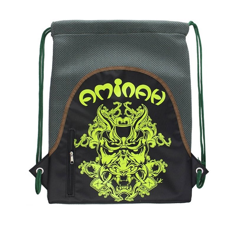 AMINAH-Green Ghost Head Illustration Graffiti Wind Drawstring Backpack【am-0245】 - Drawstring Bags - Polyester Green