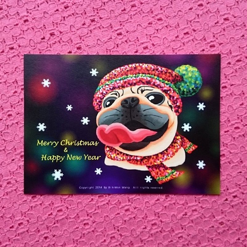 Postcard-Merry Christmas & Happy New Year Pug-02 - Cards & Postcards - Paper White