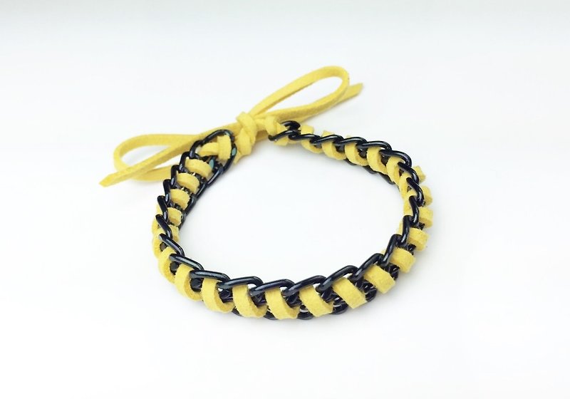 Suede rope yellow x glossy black chain - สร้อยข้อมือ - หนังแท้ สีเหลือง