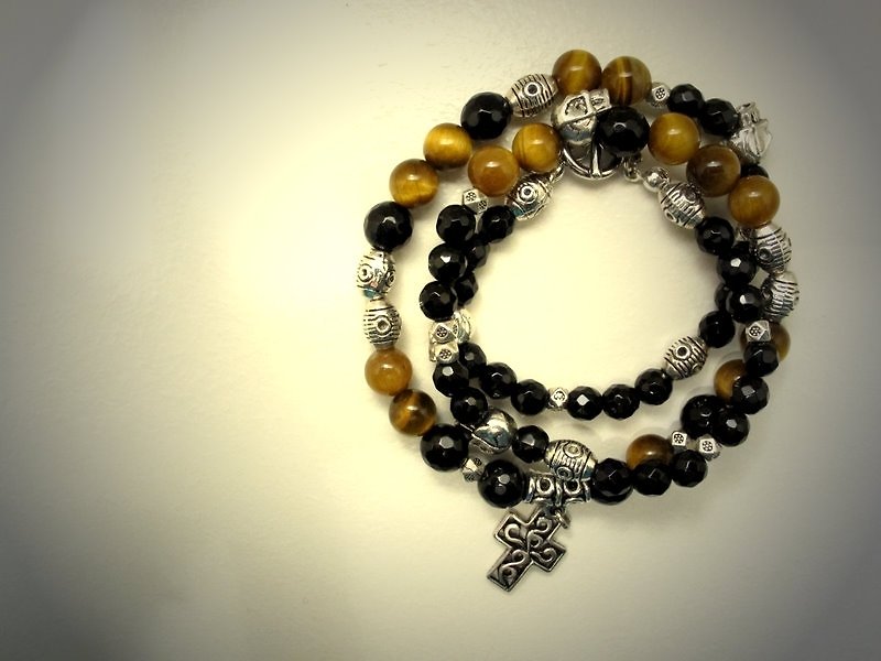 Cross carved tiger eye round ring - Bracelets - Other Materials Brown