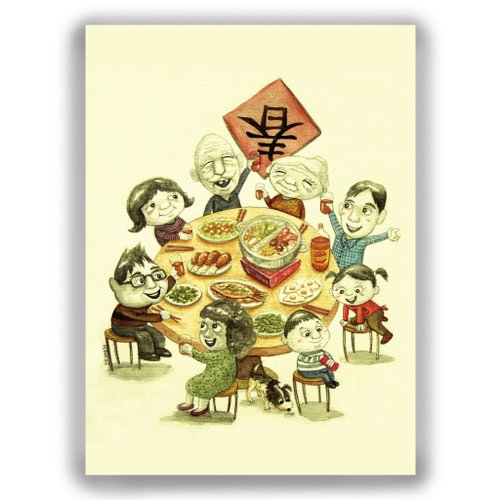 DuDo Shop 土豆屋 新年-手繪插畫萬用卡賀年卡/明信片/卡片/插畫卡-年夜飯 團圓飯