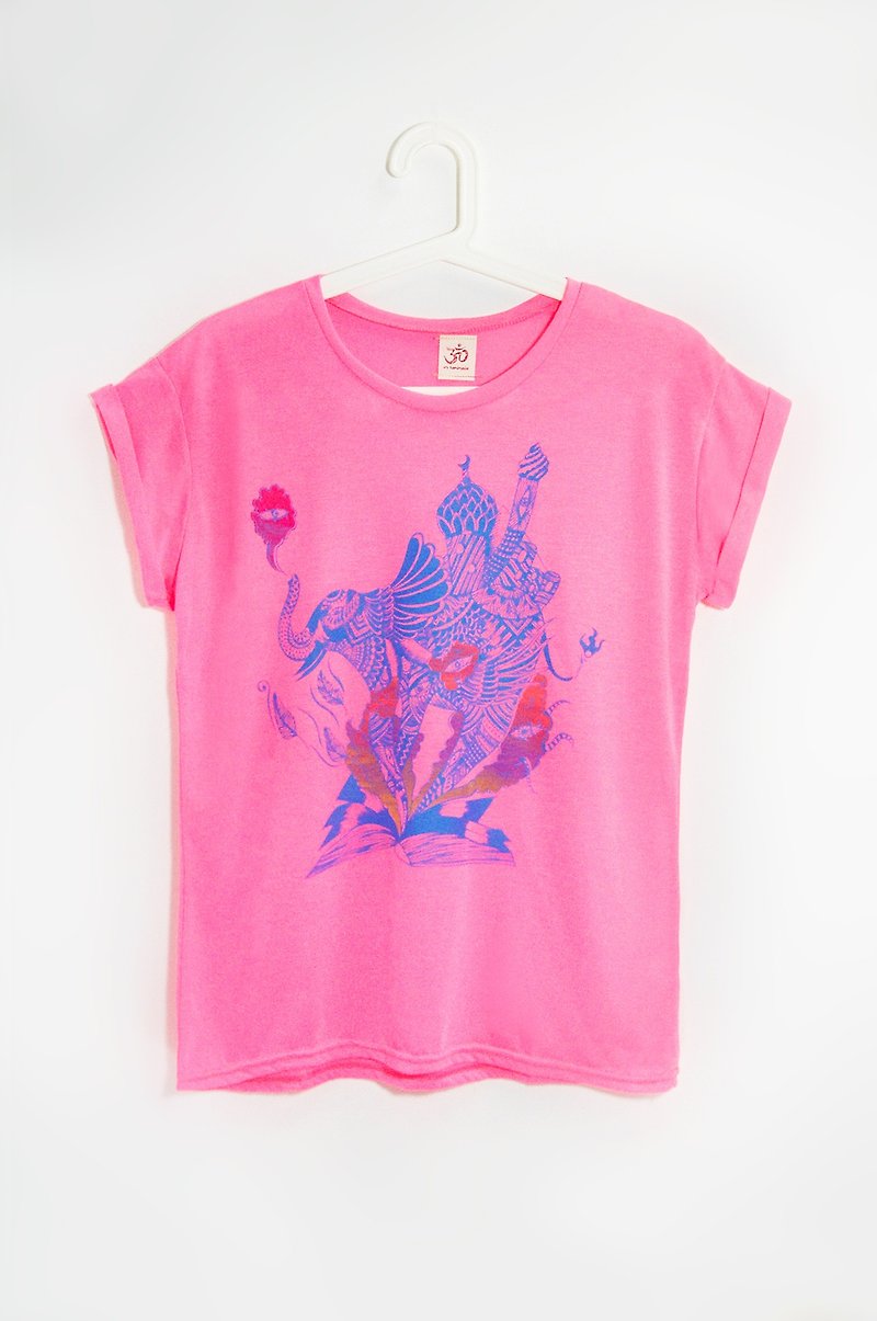 Ladies' Hand Feel Short Sleeve Long Top-Indian Elephant (Fluorescent Pink) - Women's Tops - Other Materials Pink