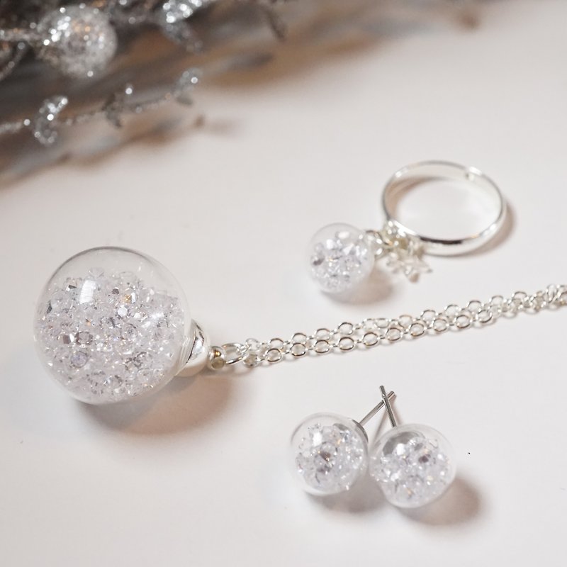 A Handmade "Christmas package" white crystal glass ball necklace / earrings / ring Set - Necklaces - Glass 