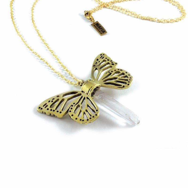 Brass Butterfly wing pendant with clear  raw quartz stone - Necklaces - Other Metals 