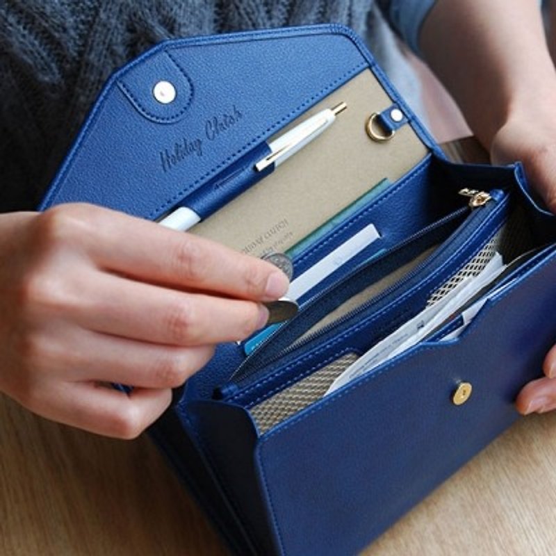 【牛一水佘】韓國 Play obje Holiday Clutch 旅遊假期 護照 皮夾 手拿包 - 海軍藍 - กระเป๋าสตางค์ - หนังแท้ สีน้ำเงิน