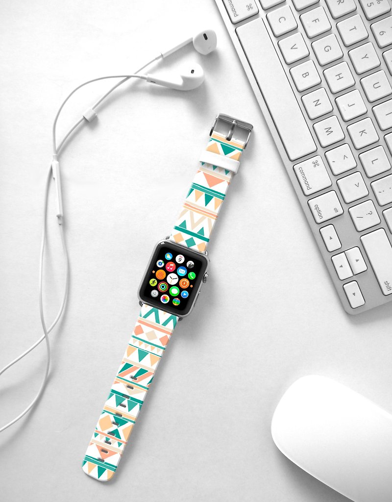Apple Watch Series 1 , Series 2, Series 3 - Apple Watch 真皮手錶帶，適用於Apple Watch 及 Apple Watch Sport - Freshion 香港原創設計師品牌 - 薄荷綠部落圖紋  02 - 錶帶 - 真皮 